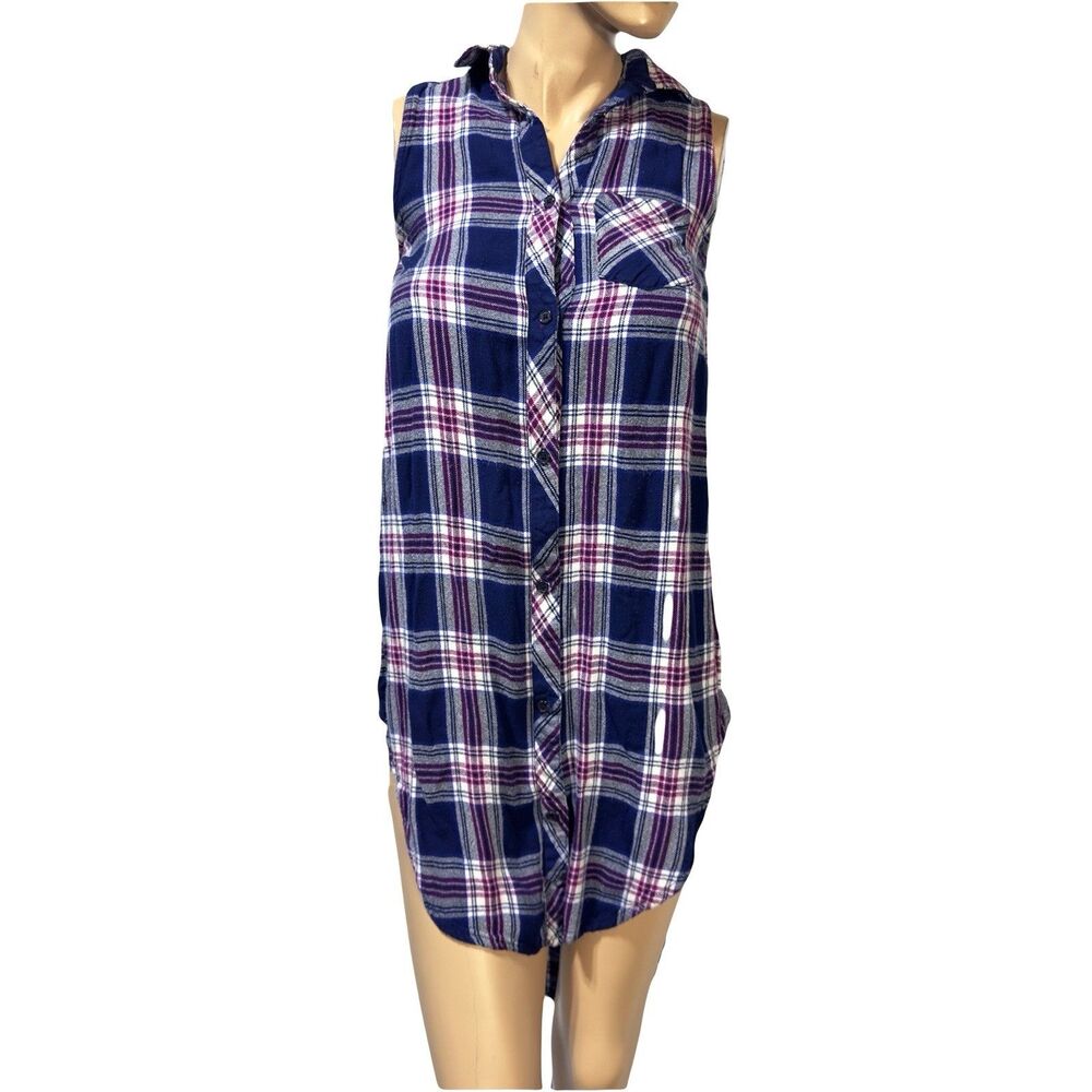 Rails Womens Jordyn Button Up Shirt Sleeveless Tunic Side Slit Plaid Size XS